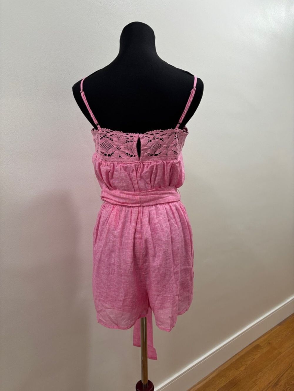 629. Olivaceous Pink Romper With Lace-Trim & Waist Tie - Picture 2 of 4